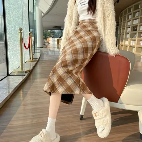 毛呢格子半身裙女2023新款秋冬复古高腰显瘦中长一步裙格纹开叉裙图片