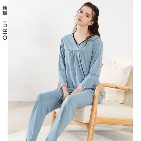 绮瑞女士莫代尔家居服春秋女款睡衣长袖优雅蕾丝妈妈秋冬薄款套装图片