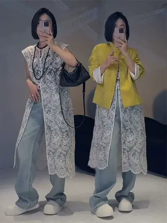 叠穿镂空蕾丝马甲背心裙女2024春欧货休闲宽松时尚提花微透连衣裙图片