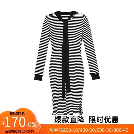 【艾格】2023春季新款条纹连衣裙子女系带收腰不规则开叉显瘦气质图片