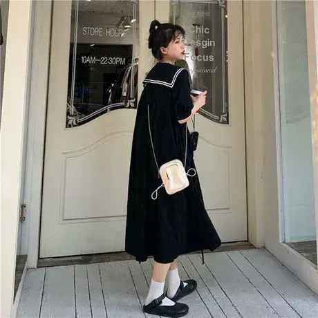 大码200斤海军领连衣裙女夏装新款胖mm森系学院风减龄黑色长裙子商品大图