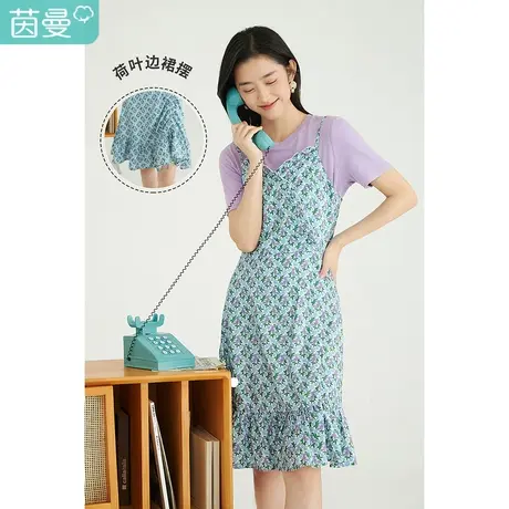 茵曼甜美女2023年春季新款碎花木耳花边小吊带荷叶下摆背心连衣裙图片