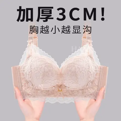 深v集中型小胸内衣3cm厚胸垫女柔软蕾丝水袋杯内衣后三排扣浅粉色图片