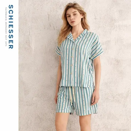 SCHIESSER舒雅25年春夏新品女士粘纤梭织翻领条纹睡衣家居服套装图片
