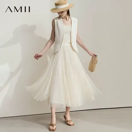 AMII【法式优雅】2025秋夏法式蕾丝拼接网纱A字裙长裙半身裙女图片