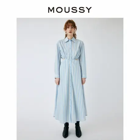 MOUSSY 度假风撞色条纹抽绳露腰通勤休闲衬衫连衣裙010GSS30-1740图片