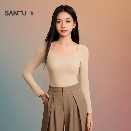 三福女冬季贴合拼接带杯长袖打底内衣 修身抗静电内搭上衣507914图片