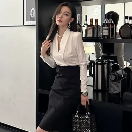 OL职业工作装气质连衣裙秋冬新款高冷女神范名媛显瘦撞色包臀裙子图片