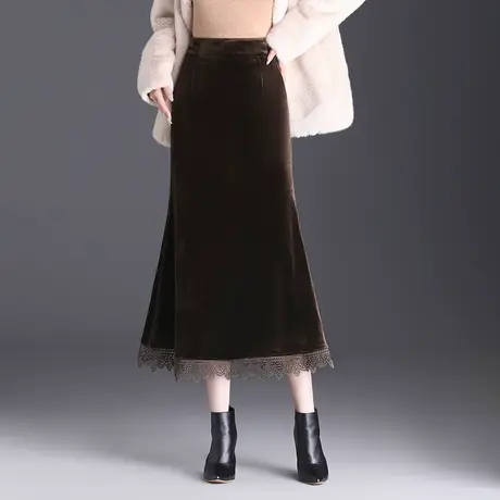 蕾丝边金丝绒包臀鱼尾裙女2023秋冬新款高腰修身显瘦半身裙中长款图片