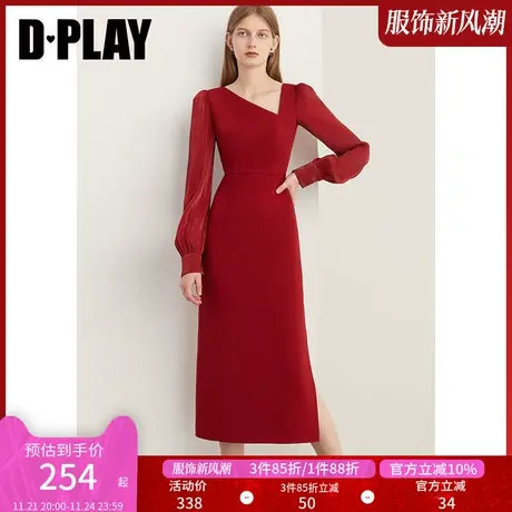 DPLAY新复古港风红色不对称领开衩礼服裙订婚服回门服敬酒服图片