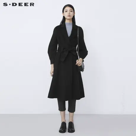 sdeer圣迪奥2021冬新品休闲西装领收腰黑色长款毛呢大衣S21481840图片