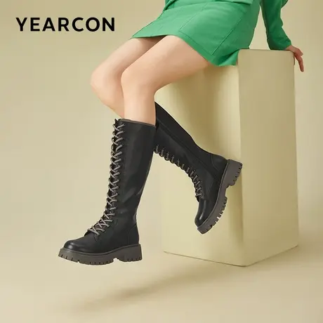 意尔康女靴2023新款秋冬季厚底长筒靴女显瘦机车长靴侧拉链骑士靴图片
