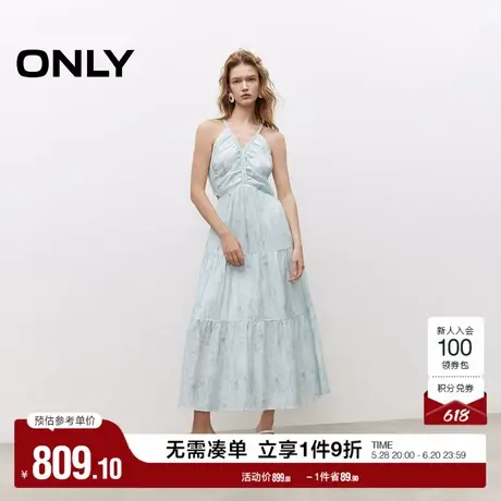 ONLY2025夏季新款浪漫花卉印花显瘦腰部镂空挂脖V领绑带连衣裙女图片