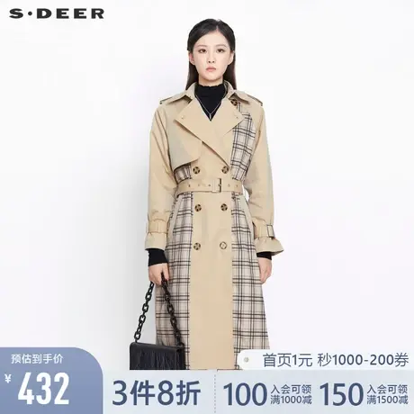 sdeer圣迪奥女装春秋装英伦风格纹双排扣长款风衣女S21361802图片