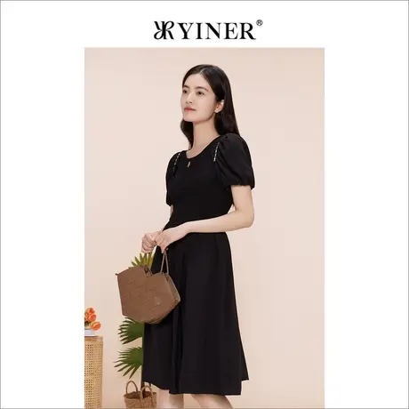 YINER音儿女装夏季优雅轻甜收腰钉珠小黑裙公主袖连衣裙图片