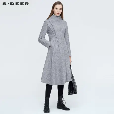 sdeer圣迪奥冬季女装时尚立领收腰拼接长款灰色毛呢大衣S20481851图片