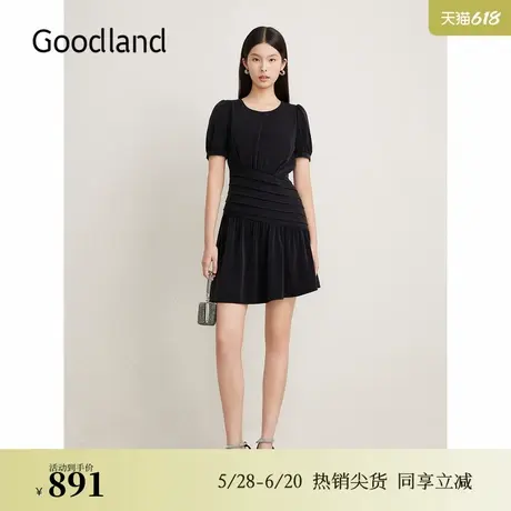 Goodland美地夏季法式赫本风小黑裙收褶连衣裙图片