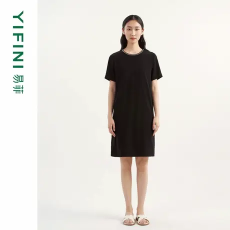 Yifini/易菲三醋酸黑色直筒圆领中长款连衣裙女夏装新款宽松图片