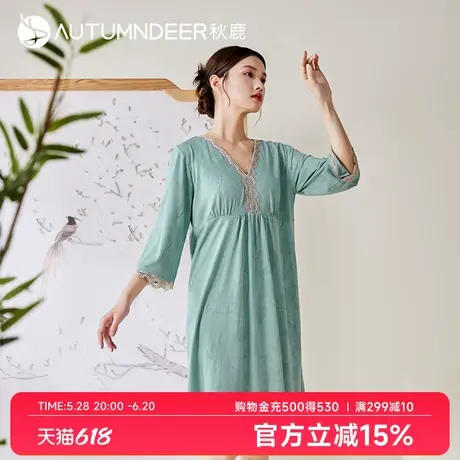 秋鹿针织提花棉睡衣女夏薄款新中式国风蕾丝花边七分袖家居服睡裙图片
