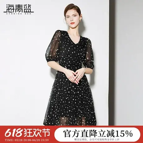 海青蓝 短袖v领连衣裙2025年新款女夏季气质波点黑色a字高级裙子图片