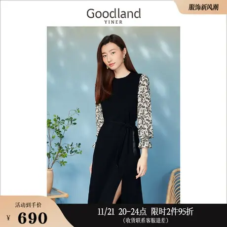 Goodland美地女装2023春季气质显瘦收腰撞色拼接喇叭袖连衣裙图片