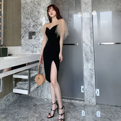 网纱拼接赫本风小黑裙侧开叉性感显瘦包臀裙女夏小个子礼服连衣裙图片