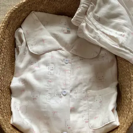 新品！A类全棉双层纱小呆猫小翻领长袖长裤睡衣套装棉纱家居服图片