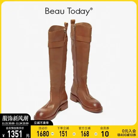 BeauToday长筒靴女新款秋季BT粗跟ins英伦风女鞋法式真皮高筒靴商品大图