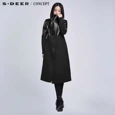 【新品】sdeer圣迪奥女装酷帅街头亮皮斜襟长外套S16381857图片