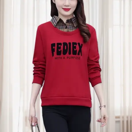 假两件加绒加厚卫衣女秋冬款保暖红色上衣中年妈妈冬季保暖穿什么商品大图