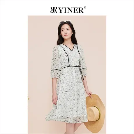 YINER音儿线上专选女装2023夏季V领印花五分泡泡袖碎花连衣裙图片