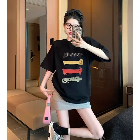 美式复古短袖t恤女夏季宽松大码胖mm欧货大版洋气正肩上衣2-300斤图片