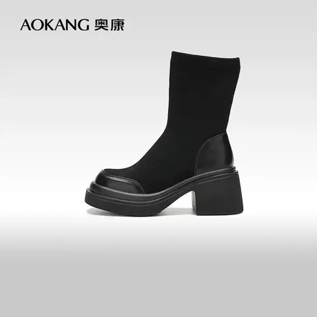 【门店发货】奥康女鞋 冬季新款粗跟弹力靴美拉德短靴瘦瘦靴商品大图