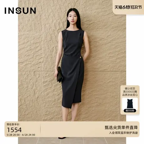 INSUN恩裳专选2025夏季不对称搭片醋酸无袖连衣裙图片