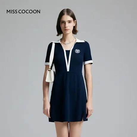 COCOON可可尼 商场同款藏青色复古学院风假两件针织连衣裙女图片