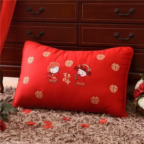 恒源祥纯棉中式喜字刺绣婚庆枕头一对装双人结婚婚房大红新婚枕芯图片