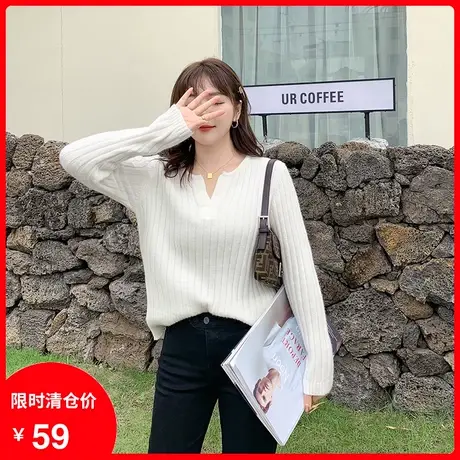 【清仓】大码白色V领套头显瘦宽松慵懒风胖MM针织毛衣女200斤外穿商品大图