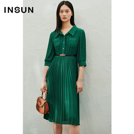 INSUN恩裳线上专选夏季打条压褶工艺腰带连衣裙图片