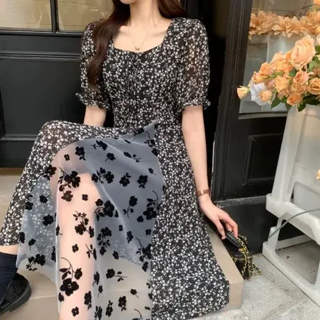 黑色碎花连衣裙女2025夏季显瘦吊带裙气质开叉裙子茶歇裙法式长裙图片