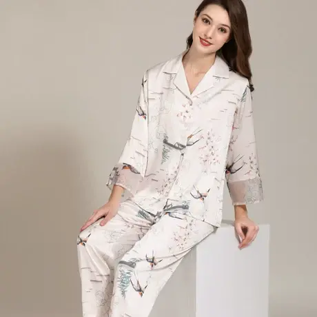 睡衣女春夏秋季冰丝开衫长袖真丝套装薄款休闲大码丝绸家居服商品大图