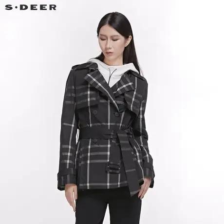 sdeer圣迪奥春秋女装英伦格纹翻领系带收腰中长款风衣S20182209图片