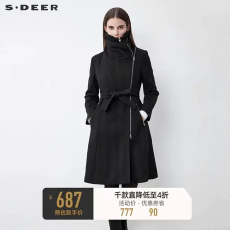 sdeer圣迪奥不规则领收腰暗条纹毛呢长款大衣女S21481862图片