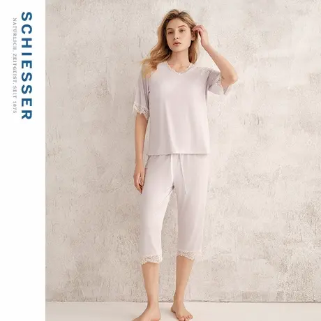 SCHIESSER舒雅25春夏新品女士莫代尔带胸垫V领蕾丝睡衣家居服套装图片