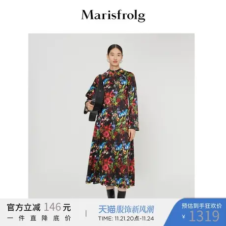 【商场同款】玛丝菲尔碎花连衣裙冬季新款长袖宽松中长款裙子图片