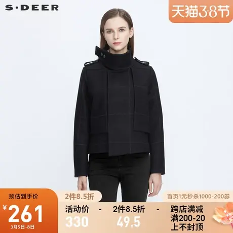 sdeer圣迪奥冬季通勤时尚立领格纹拼接毛呢短款外套女S20482221商品大图