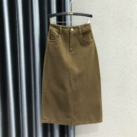 欧货后开叉设计感牛仔半身裙女2023秋季新款休闲高腰中长款包臀裙图片
