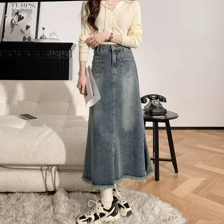 唐狮鱼尾裙牛仔裙复古中长款毛边高腰显瘦A字裙包臀长裙女半身裙图片