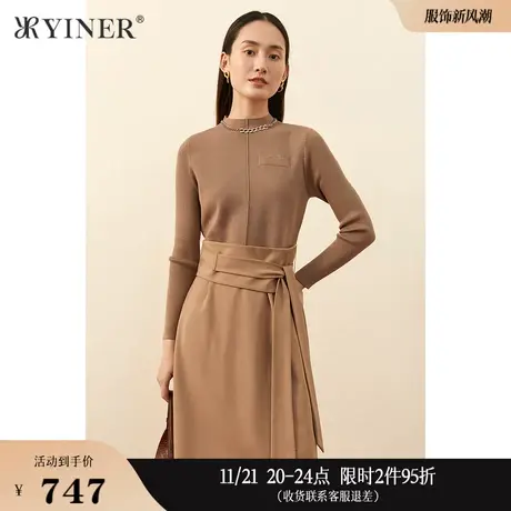 YINER音儿女装冬季针织拼接系带收腰连衣裙图片