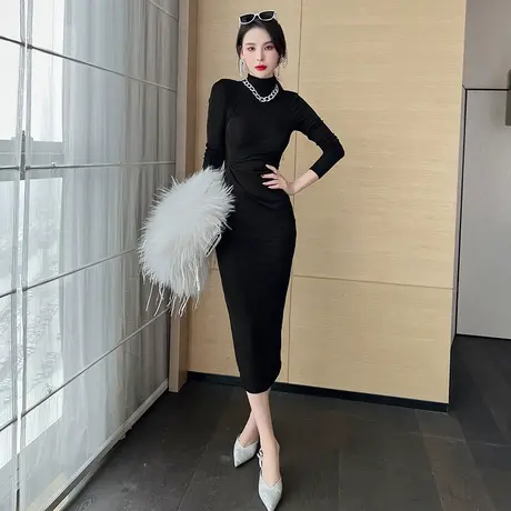 黑色针织高领连衣裙女装修身内搭打底裙气质中长款褶皱收腰包臀裙图片
