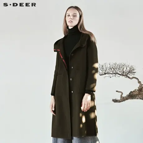 sdeer圣迪奥流畅剪裁开衩对称口袋高领连帽双面呢大衣女S18481870图片